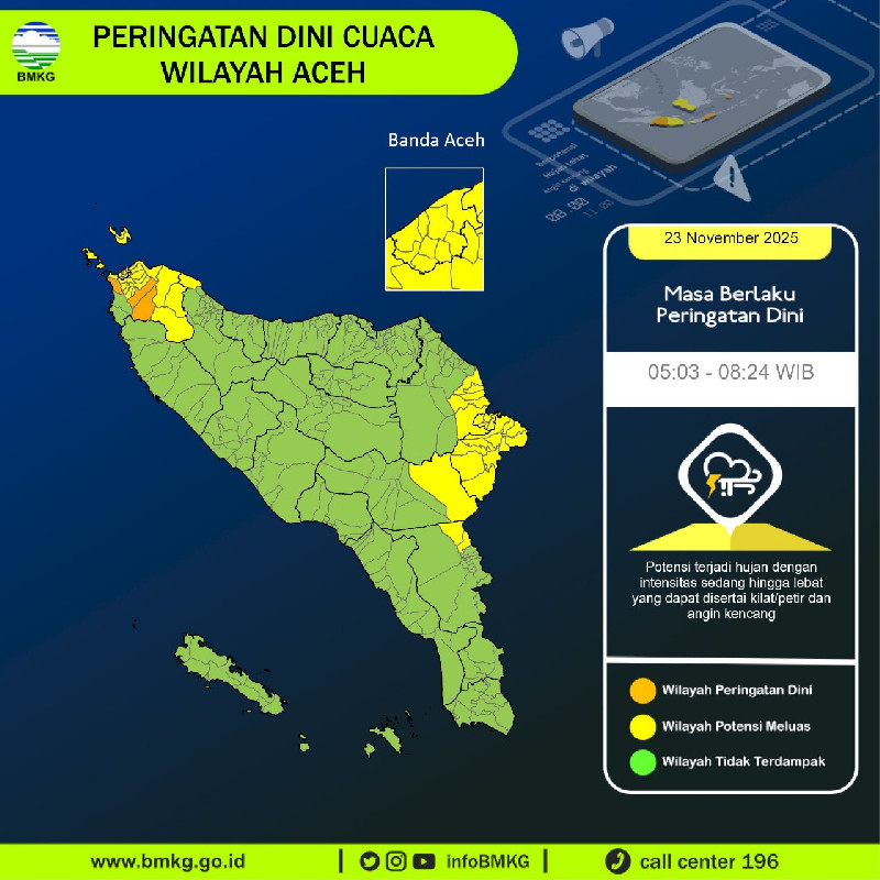 BMKG Keluarkan Peringatan Dini: Aceh Berpotensi Hujan Lebat Disertai Kilat dan Angin Kencang