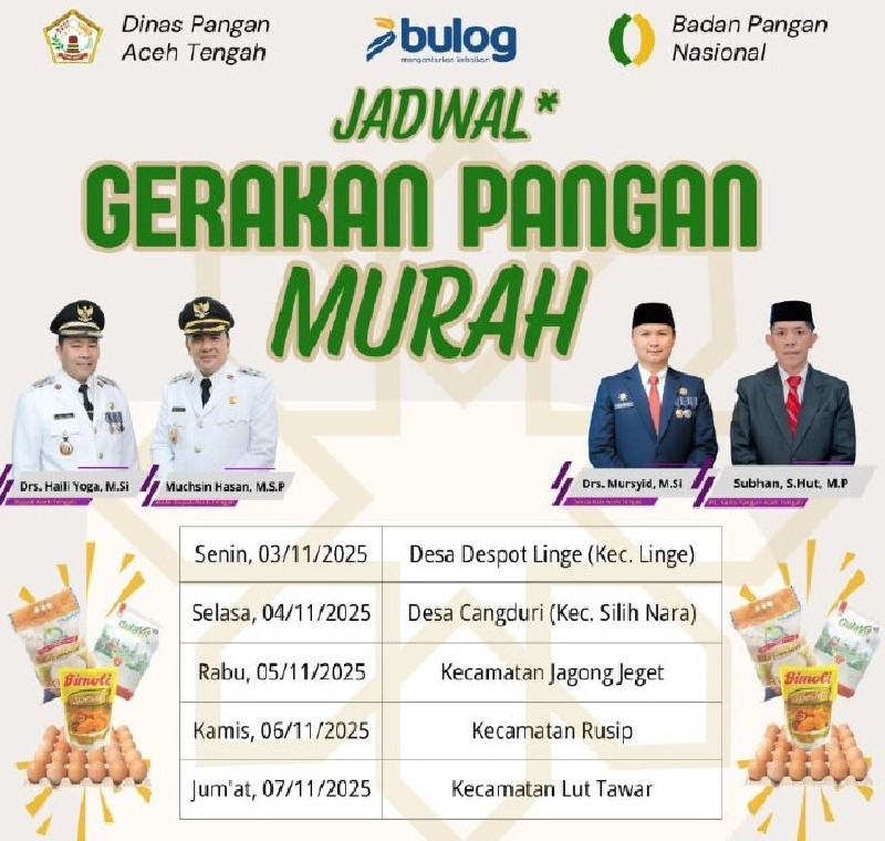 Kendalikan Inflasi, Aceh Tengah Gelar Gerakan Pangan Murah 3-7 November 2025