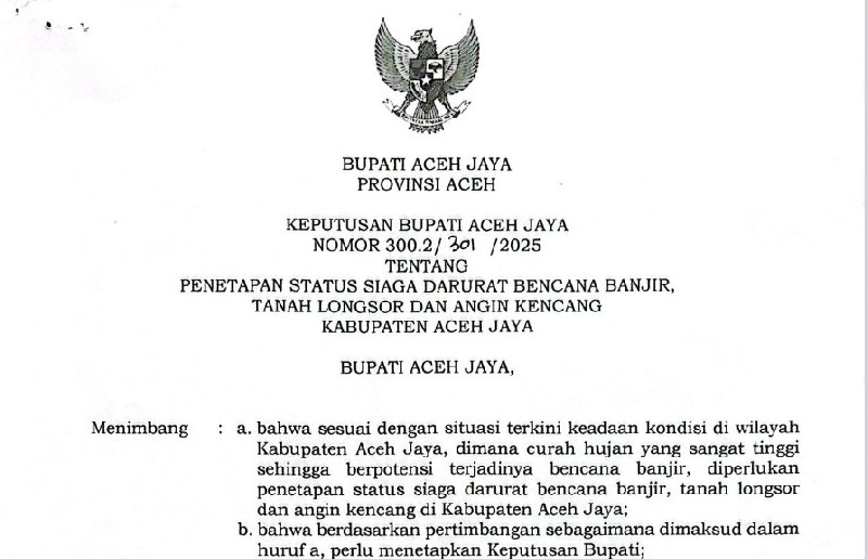 Pemkab Aceh Jaya Tetapkan Status Siaga Bencana