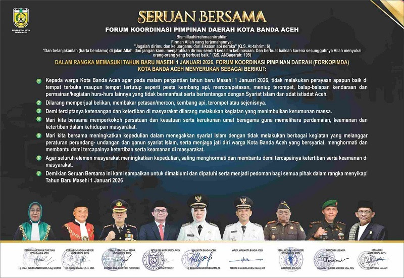 Forkopimda Banda Aceh Keluarkan Seruan Bersama Larangan Rayakan Tahun Baru