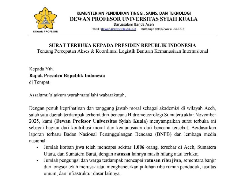Dewan Profesor USK Surati Presiden, Desak Buka Bantuan Internasional untuk Aceh
