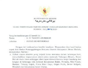 Masa Tanggap Darurat Bencana di Bener Meriah Diperpanjang hingga 23 Desember 2025