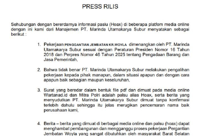 PT Marinda Utamakarya Subur Bantah Informasi Hoaks Terkait Proyek Penggantian Jembatan Woyla