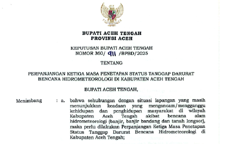 Sebagian Wilayah Masih Terisolir, Bupati Aceh Tengah Kembali Perpanjang Status Tanggap Darurat Bencana