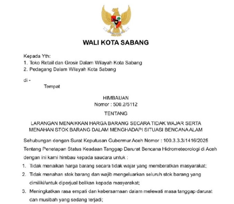 Pascabencana, Wali Kota Sabang Serukan Pedagang Jaga Harga dan Ketersediaan Barang