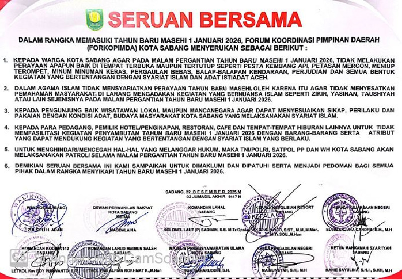 Jelang Pergantian Tahun 2026, Forkopimda Sabang Keluarkan Seruan Bersama