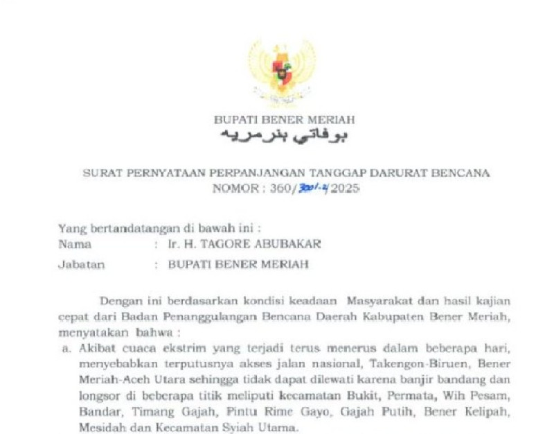 Masa Tanggap Darurat Bencana di Bener Meriah Diperpanjang hingga 23 Desember 2025