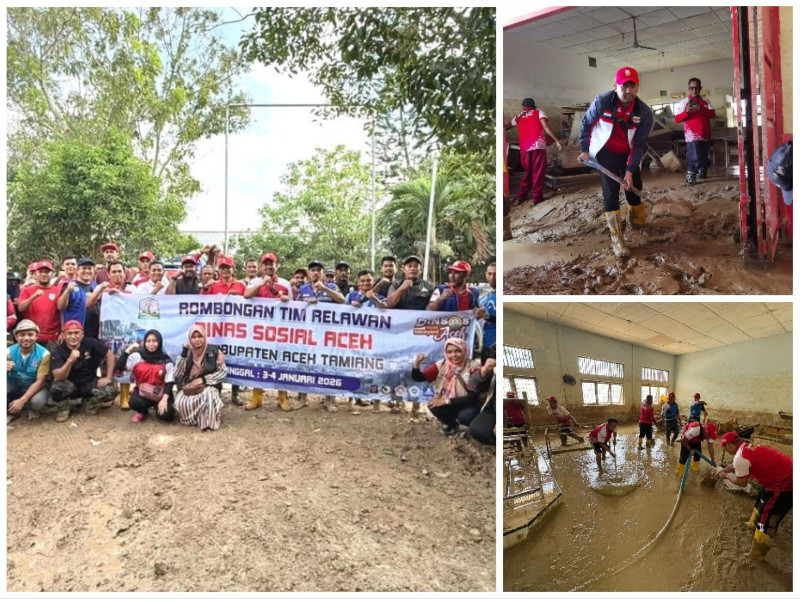 Relawan Dinsos Aceh Gotong Royong Bersihkan SMKN 2 Karang Baru
