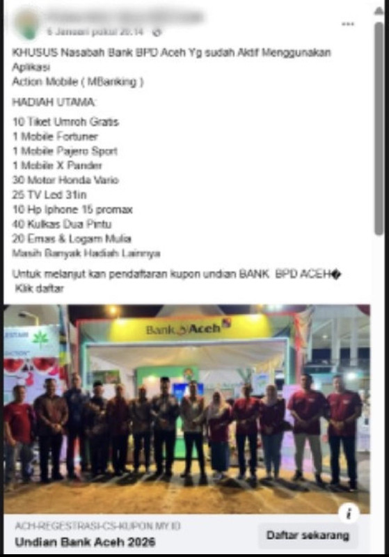 Modus Undian Berhadiah Catut Nama Bank Aceh, Nasabah Diminta Waspada
