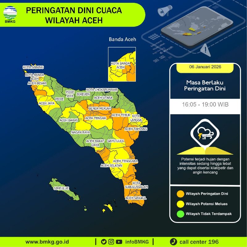 Sejumlah Wilayah di Aceh Hari Ini Berpotensi Terjadi Hujan Lebat