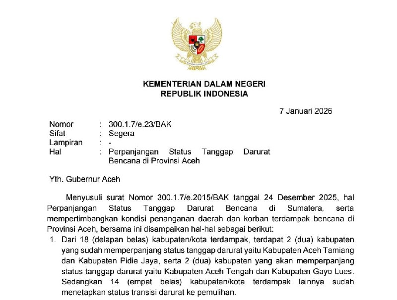 Status Transisi Belum Merata, Kemendagri Rekomendasikan Perpanjangan Tanggap Darurat di Aceh