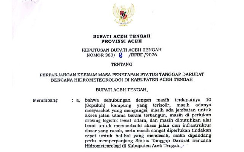 Pemkab Aceh Tengah Perpanjang Status Tanggap Darurat Bencana Hidrometeorologi Keenam Kalinya