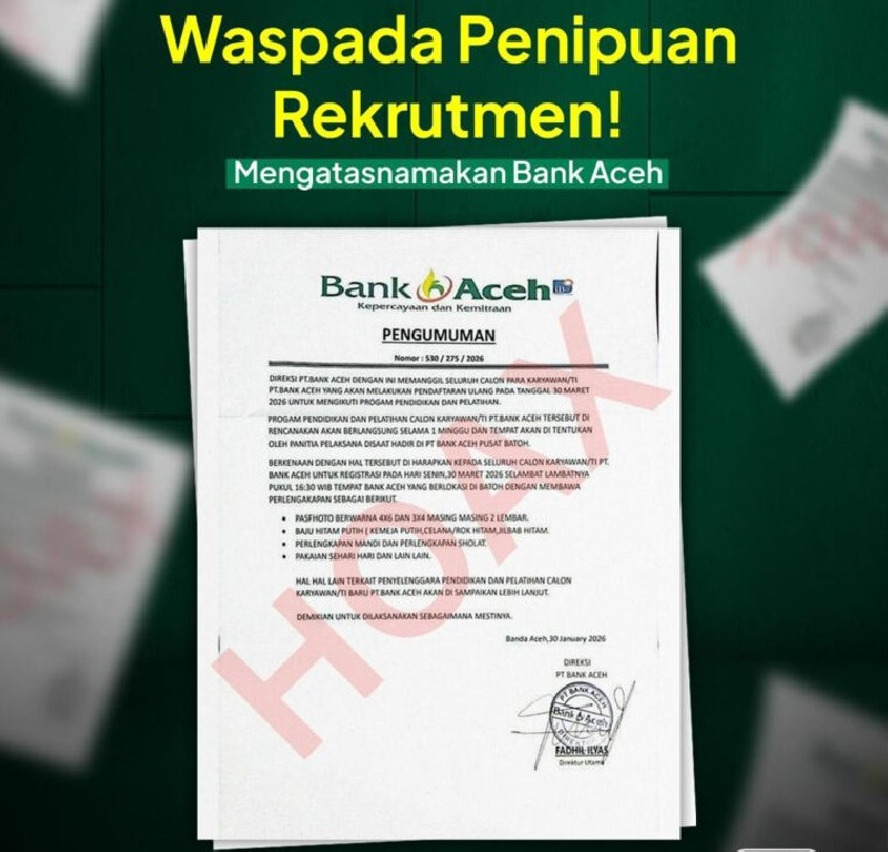 Marak Penipuan Rekrutmen, Bank Aceh Minta Masyarakat Waspada