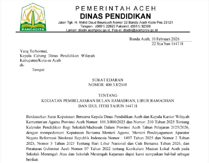 Disdik Aceh Terbitkan Edaran Pembelajaran Ramadhan, Perkuat Karakter dan Iman Peserta Didik