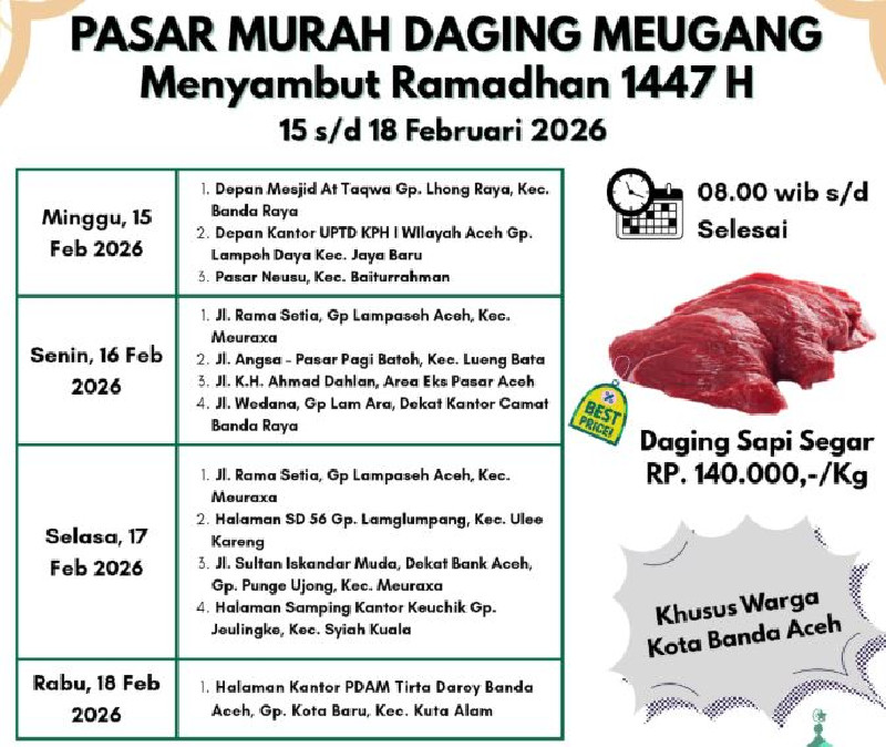 Pemko Banda Aceh Gelar Pasar Murah Daging Meugang 15-18 Februari 2026