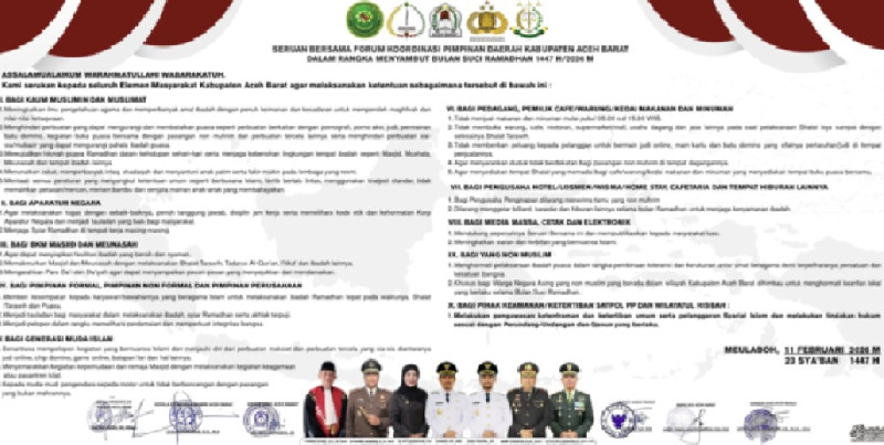 Sambut Ramadhan 2026, Forkopimda Aceh Barat Ajak Masyarakat Jaga Syiar Islam