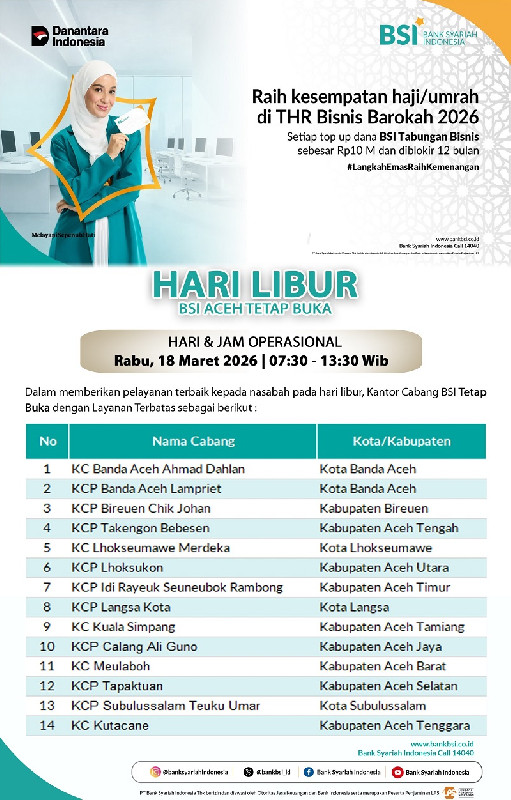 Tak Perlu Khawatir Saat Lebaran, BSI Aceh Buka Layanan Terbatas di 22 Outlet