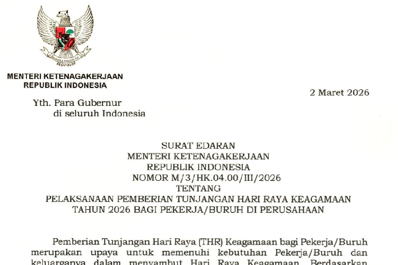 Terbitkan Edaran THR 2026, Menaker: Harus Dibayar Penuh, Tak Boleh Dicicil