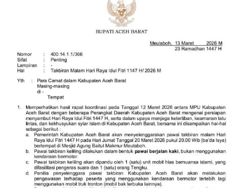 Pawai Takbiran di Aceh Barat Wajib Jalan Kaki, Dilarang Gunakan Kendaraan