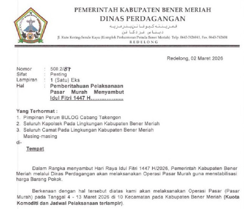 Pemkab Bener Meriah Gelar Pasar Murah di 10 Kecamatan, 4&ndash;13 Maret 2026