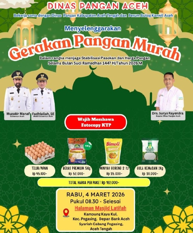 Besok Pasar Murah di Pegasing Aceh Tengah, Harga Paket Sembako Rp162 Ribu