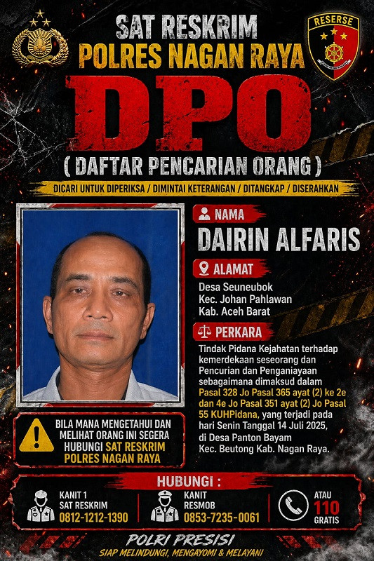 Polres Nagan Raya Kembali Terbitkan DPO Kasus Penculikan, Pencurian, dan Penganiayaan