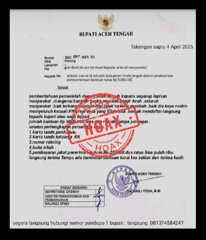 Warga Aceh Tengah Diimbau Waspada, Surat Bantuan Pascabanjir Ternyata Hoaks
