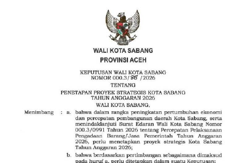Rp52,3 Miliar untuk Proyek Strategis 2026, Sabang Fokus Pendidikan, Kesehatan, dan Transportasi