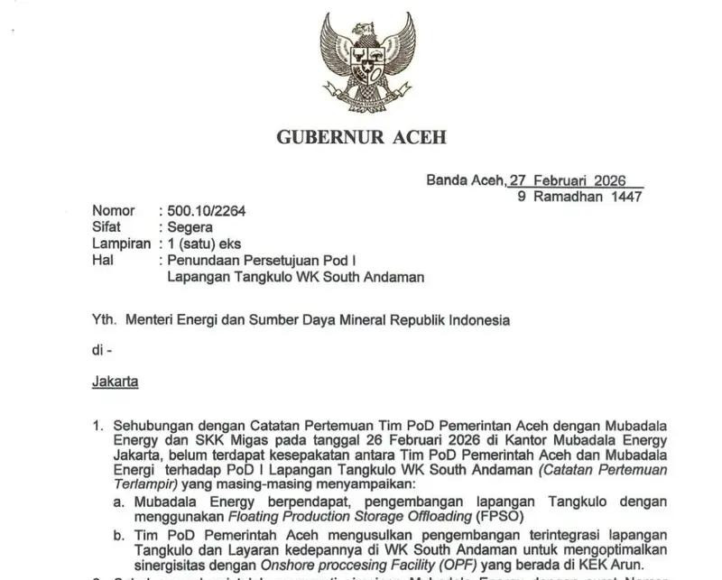 Belum Sepakat dengan Mubadala, Mualem Minta Gas South Andaman Diolah di Arun