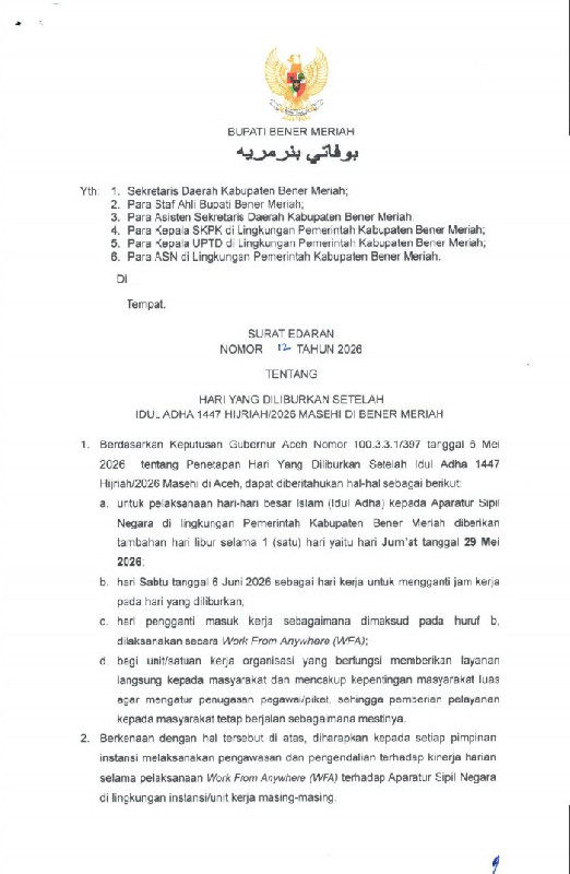 Pemkab Bener Meriah Tetapkan Tambahan Hari Libur Pasca Idul Adha 1447 H