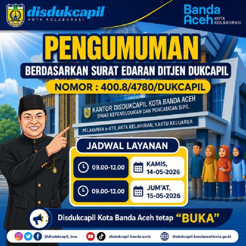 Disdukcapil Banda Aceh Tetap Buka Saat Libur Nasional 14-15 Mei 2026