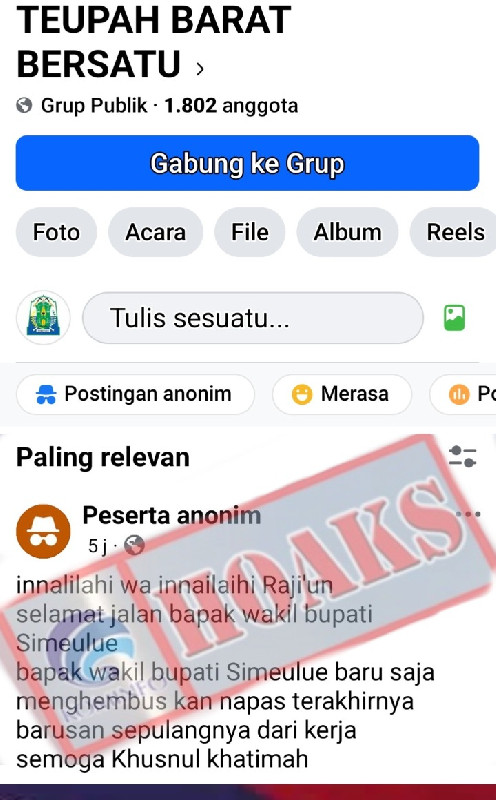 Heboh Kabar Duka Wakil Bupati Simeulue di Facebook, Pemkab Tegaskan Hoaks &lrm;