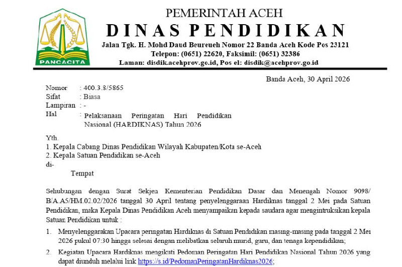 Sekolah di Aceh Wajib Gelar Upacara Hardiknas 2 Mei, Ini Instruksi Lengkapnya