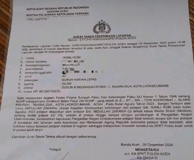 Ramli Robi Minta Kapolda Aceh Usut Dugaan Sumpah Palsu di PN Lhokseumawe