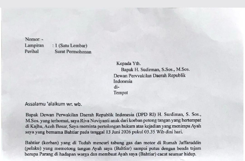 Anak Korban Potong Tangan di Kajhu Surati Senator Aceh, Minta Keadilan untuk Ayahnya