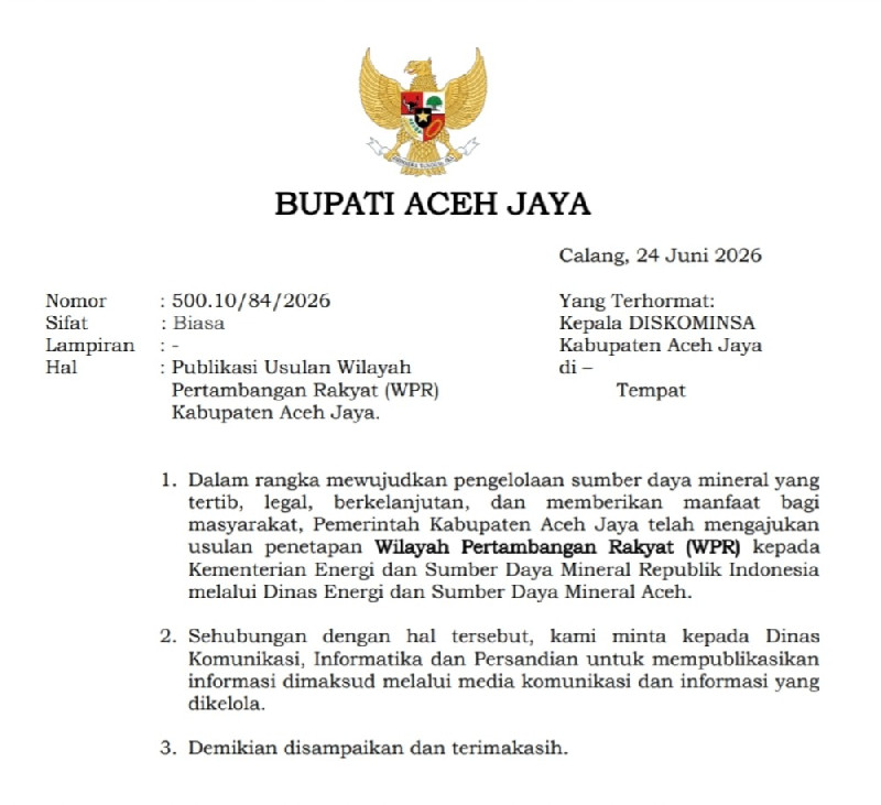 Aceh Jaya Usulkan 5 Wilayah Pertambangan Rakyat, Luas Capai 100 Hektare