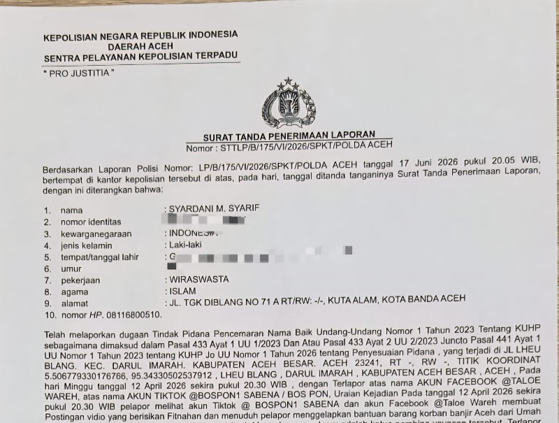Teungku Jamaica Laporkan Bos Pon ke Polda Aceh atas Dugaan Fitnah di Medsos