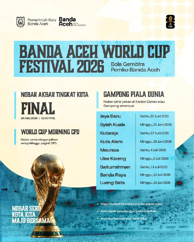 Pemko Banda Aceh Siapkan 9 Titik Nobar Piala Dunia di Setiap Kecamatan