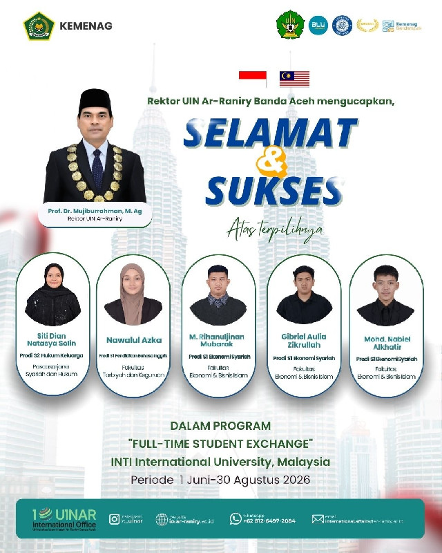 Lolos Student Exchange, 5 Mahasiswa UIN Ar-Raniry Kuliah di INTI University Malaysia