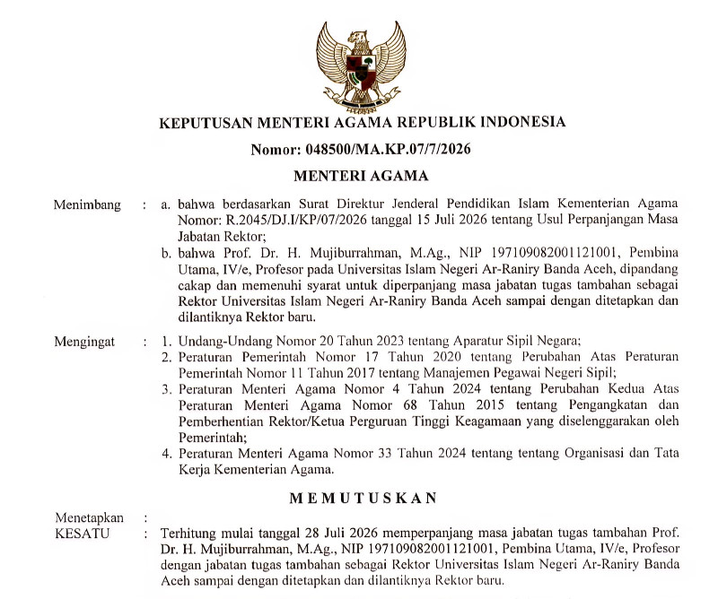 Menag Perpanjang Masa Jabatan Rektor UIN Ar-Raniry hingga Rektor Baru Dilantik