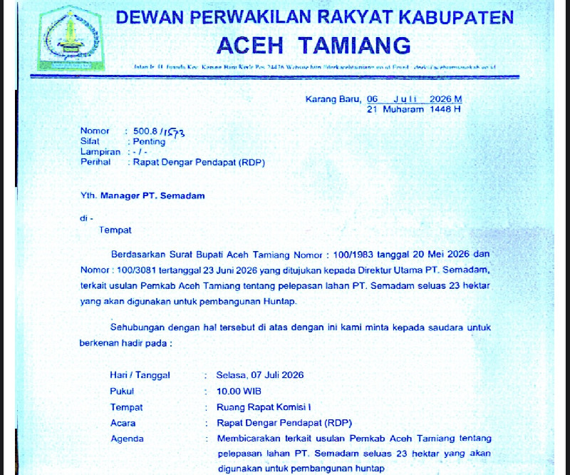 DPRK Aceh Tamiang Agendakan RDP dengan PT Semadam, Bahas Lahan 23 Hektare