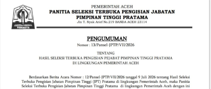 Ini Kabar Terkini Lima Pejabat Hasil Seleksi JPT Aceh