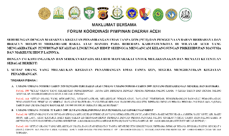 Berhenti Sebelum 17 Agustus, Tambang Ilegal di Aceh Akan Ditindak Tegas