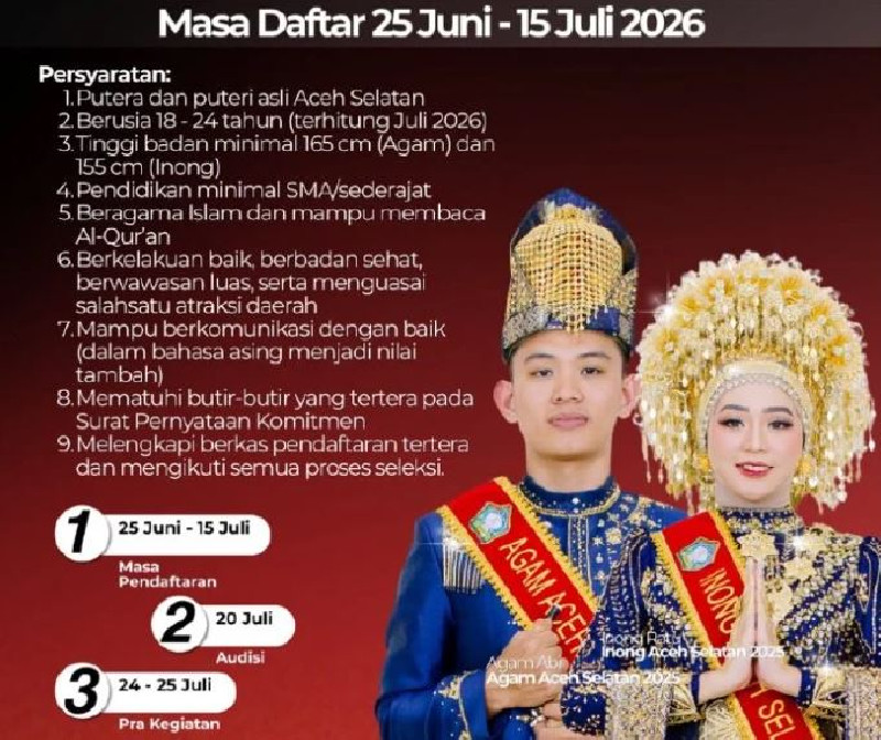 Ingin Jadi Duta Wisata? Pendaftaran Agam Inong Aceh Selatan 2026 Masih Dibuka