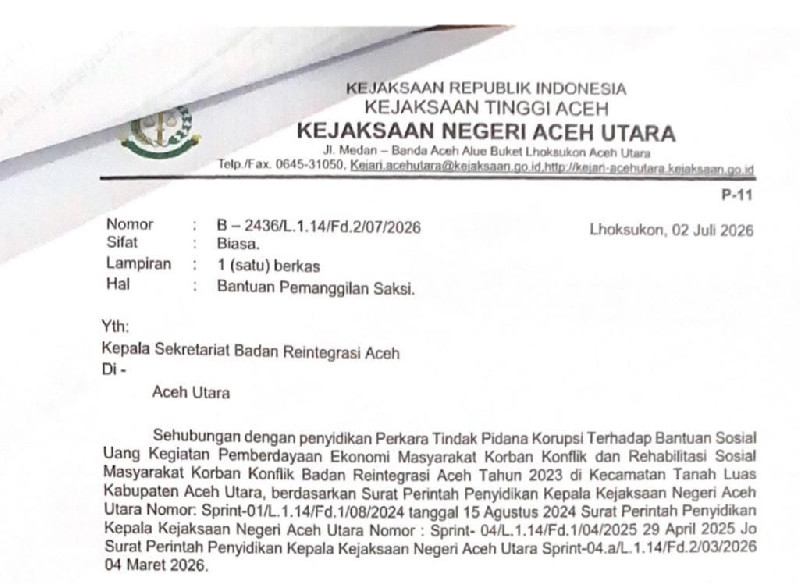 Kejari Aceh Utara Panggil Pejabat BRA Terkait Dugaan Korupsi Dana Bansos Korban Konflik