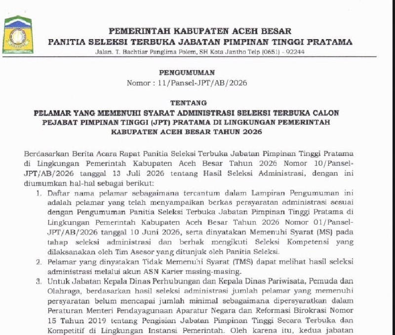 Pemkab Aceh Besar Umumkan Hasil Seleksi Administrasi JPT Pratama 2026