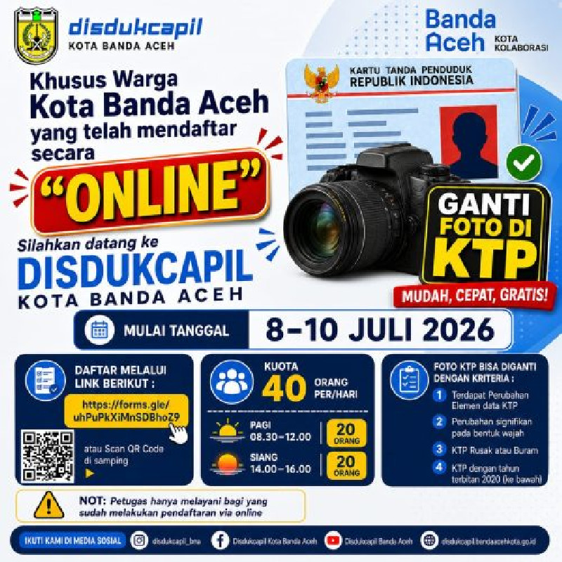 Disdukcapil Banda Aceh Layani Penggantian Foto KTP, Kuota 40 Orang per Hari