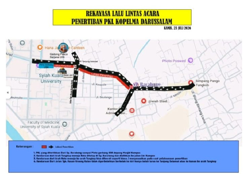 Ada Penertiban PKL, Arus Lalu Lintas di Sekitar USK Banda Aceh Dialihkan