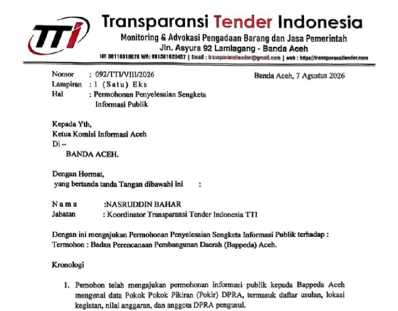TTI Ajukan Sengketa Informasi ke Komisi Informasi Aceh, Minta Data Pokir DPRA Dibuka