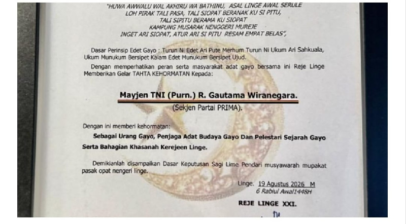 Terima Tahta Kehormatan Reje Linge, Gautama Dorong Nilai Adat Warnai Politik Nasional